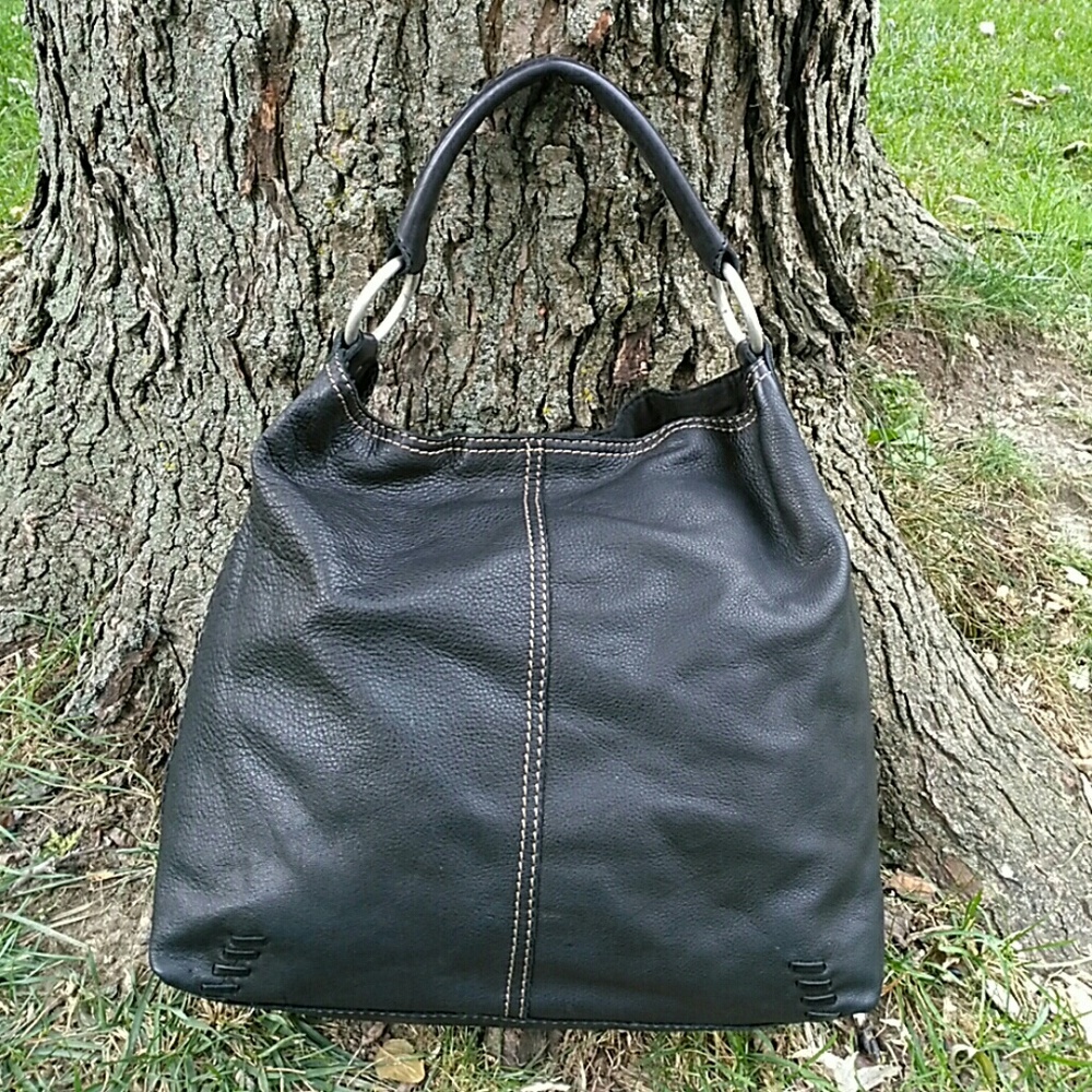 🍀Lucky Brand Black Large Whipstitch Leather Hobo